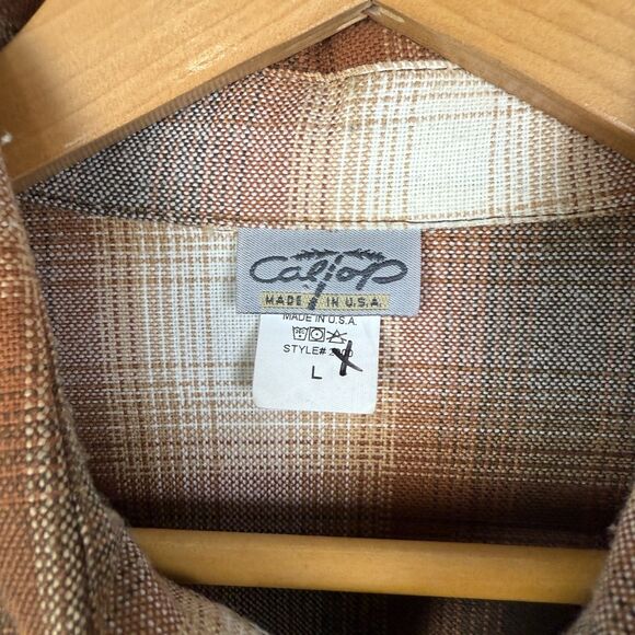 Caltop Old School Flannel Shirt Men L Brown Tan Plaid‎ USA Made Cholo Streetwear - Picture 6 of 10